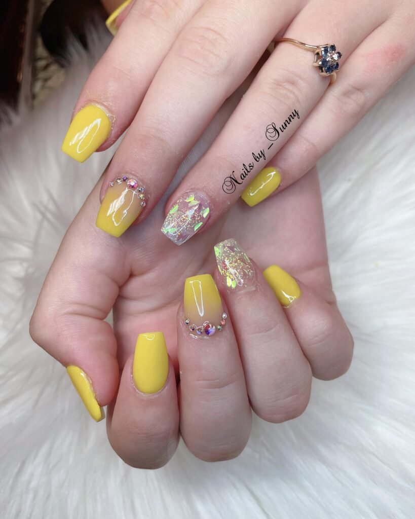 Yellow Dips Nails with Gemstones and Glowy Butterfly