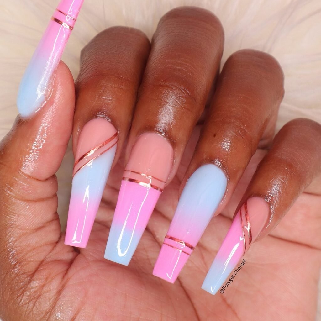 blue and pink polygel nails