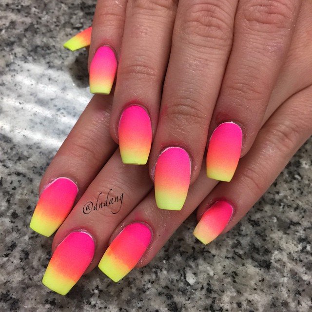 Neon Pink and Yellow Ombré Nails 