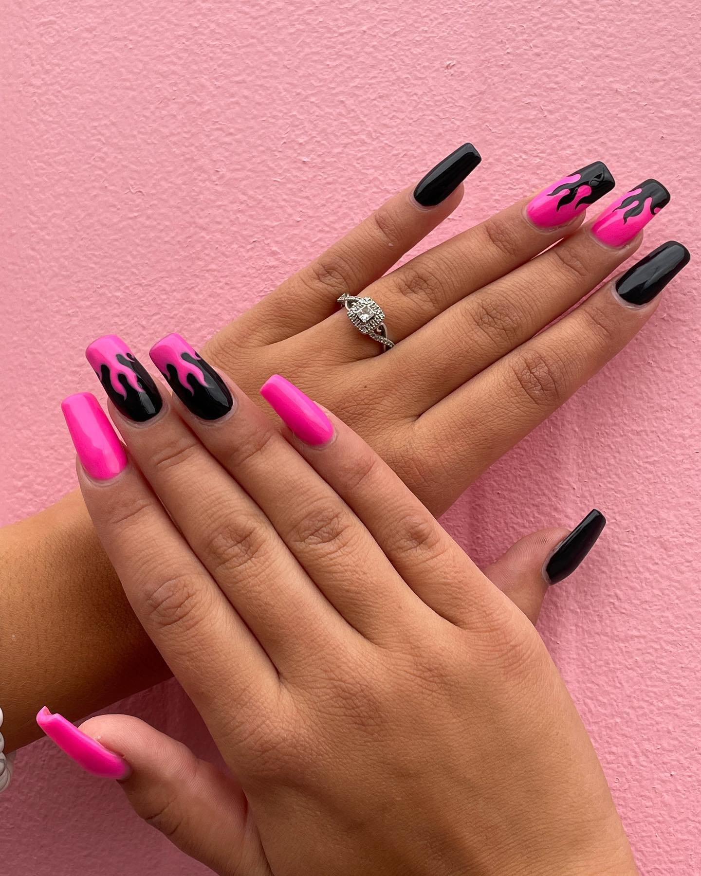 Hot Pink and Black Flame Nails