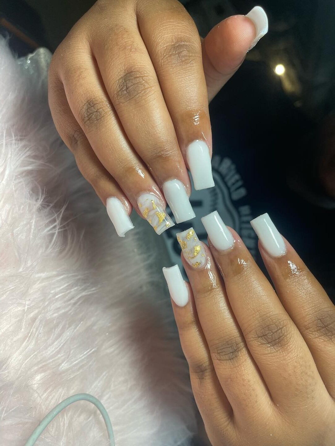 White Acrylic Nails with Gold Accent