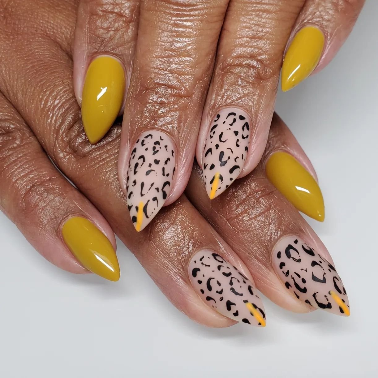 Yellow Acrylic Nails with Animal Print